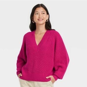 a new day Women's V-Neck Sweater Dark Pink Size XS